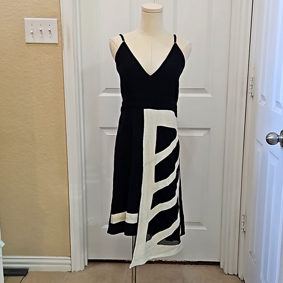 Leopards & Roses Asymmetrical Spaghetti Strap Black and Cream Dress Size  3 - Picture 1 of 10